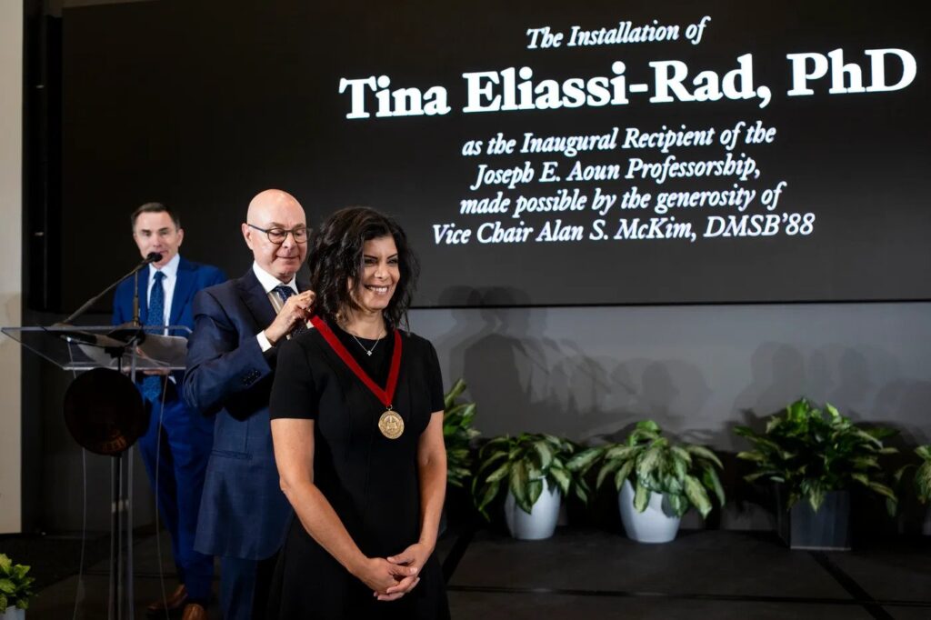 Northeastern professor Tina Eliassi-Rad is installed as the first Joseph E. Aoun Professor during a ceremony in EXP. Photos by Alyssa Stone/Northeastern University